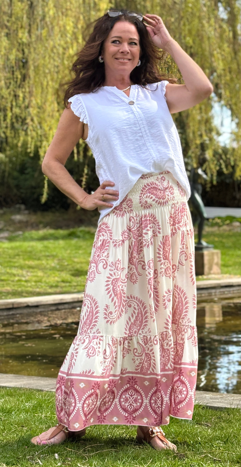 Jackie nederdel med paisley print rosa LikeLondon