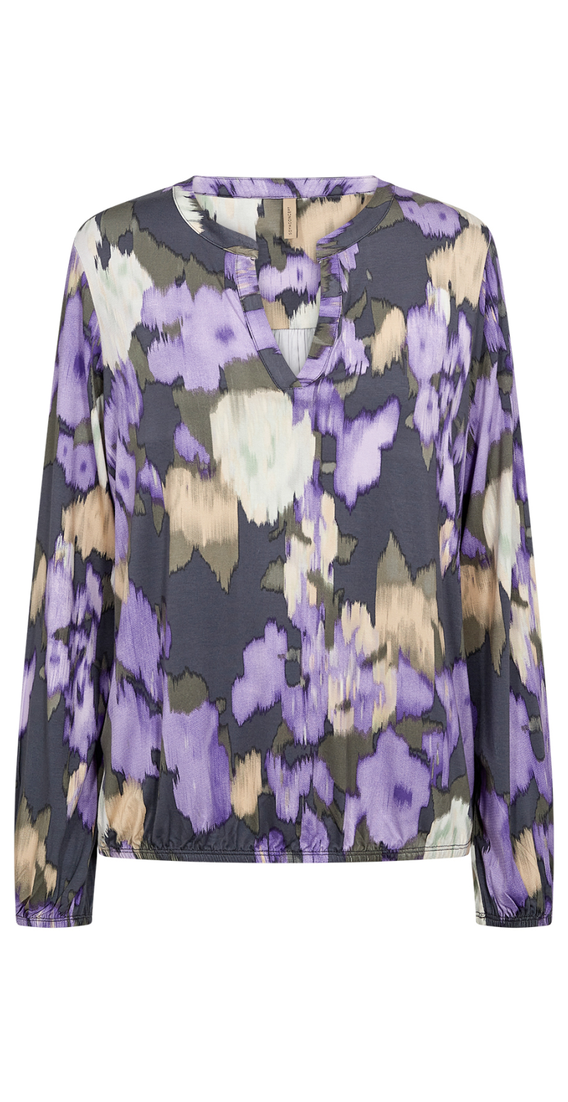 Bluse med print og split-hals lilla