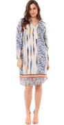 Sia kort kjole med print og smock detalje creme/blå Likelondon