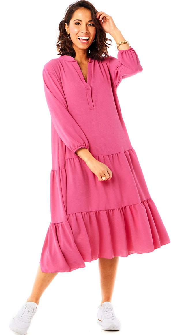 Kjole med peplum og v-hals pink Likelondon