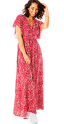 Lang kjole med bindebånd og knapper rød Likelondon