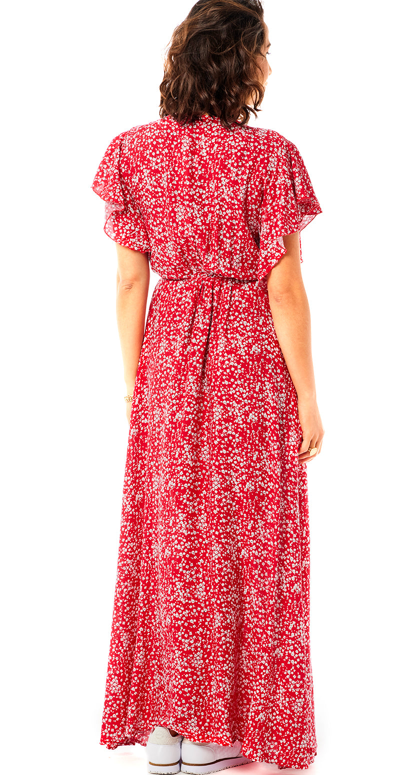 Lang kjole med bindebånd knapper rød Likelondon –
