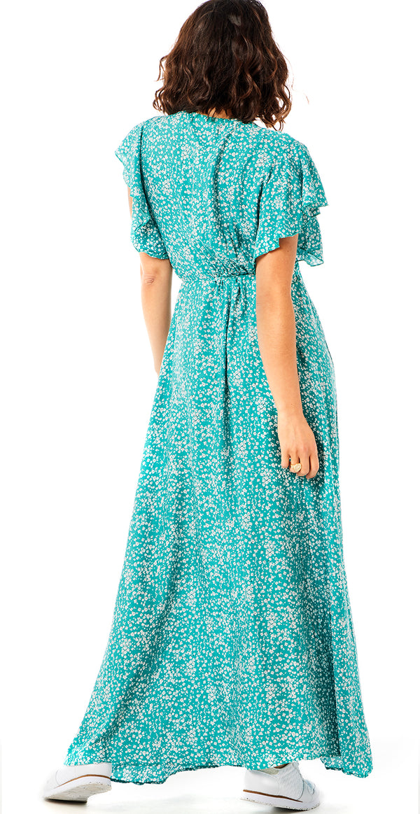 Lang kjole med bindebånd og knapper grøn Likelondon