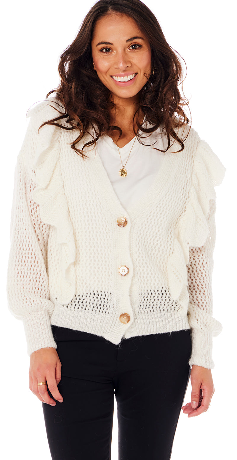 Cardigan med flæsedetalje offwhite Likelondon