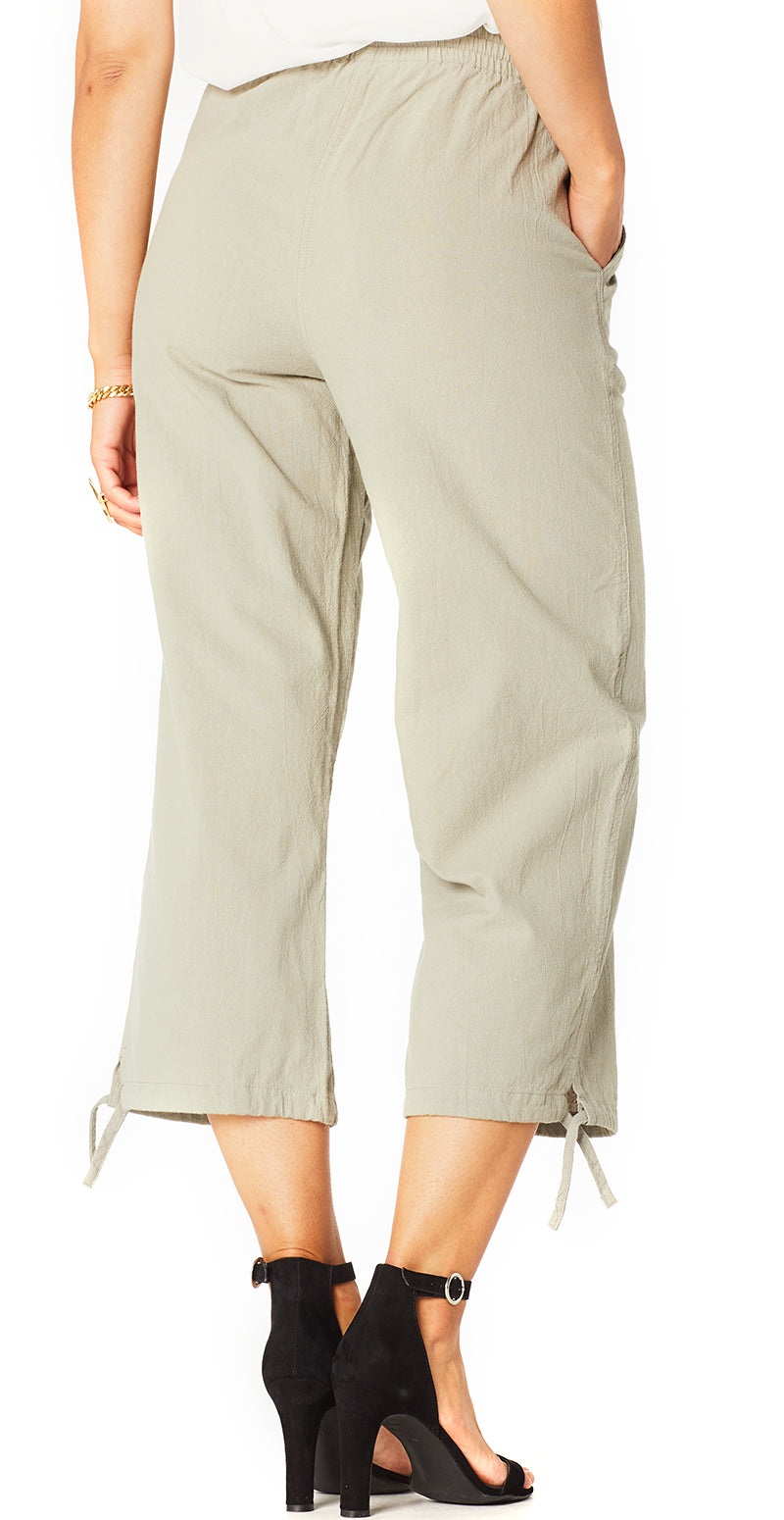 Khaki capri bukser med bindebånd