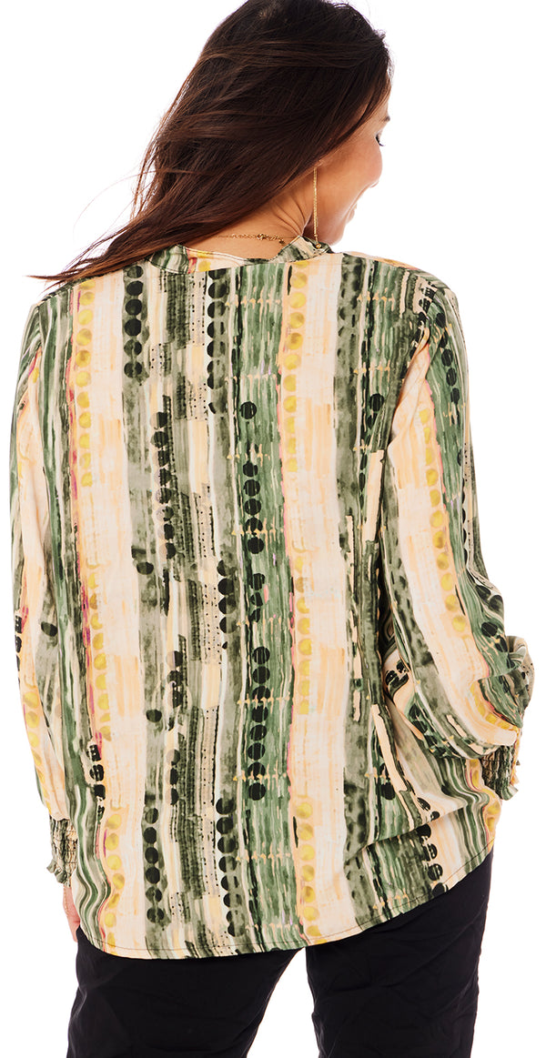 Bluse med print og smock v. ærmet grøn Likelondon