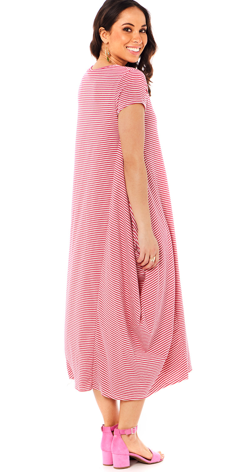 Kjole med facon & striber pink Likelondon
