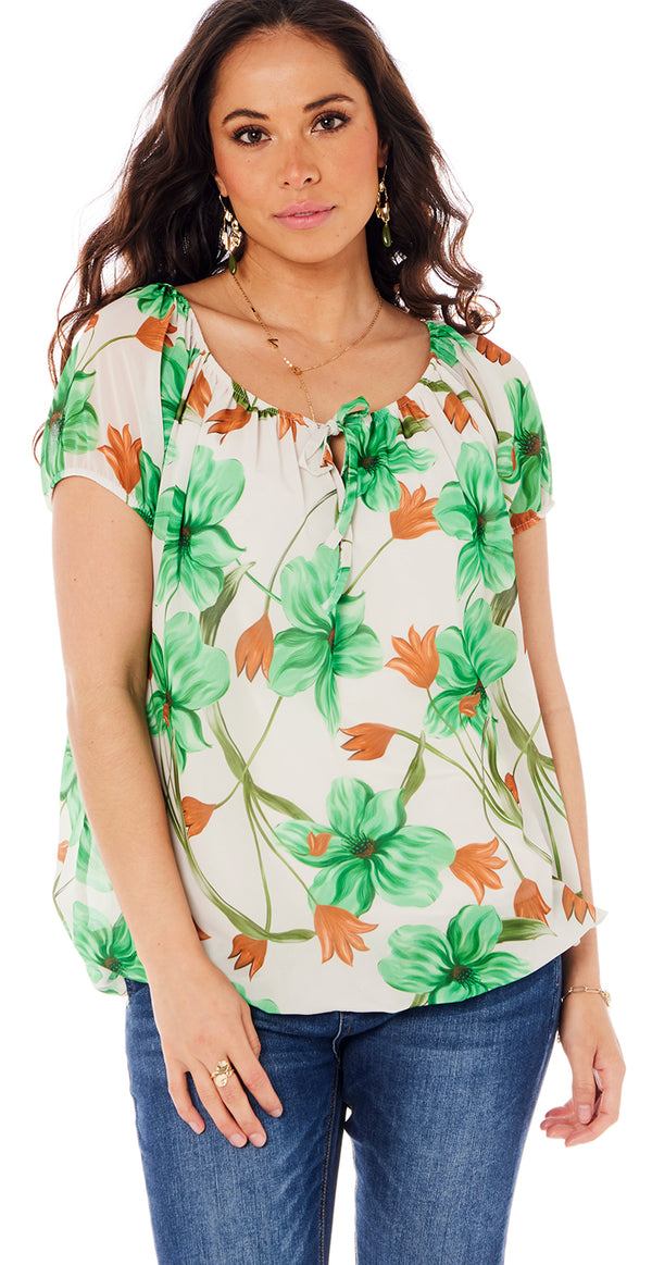 Blomstret bluse med elastik detaljer grøn Likelondon