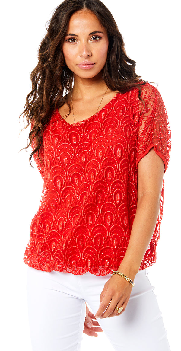 Bluse med fint mønster og elastik forneden rød Likelondon