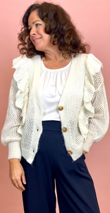 Cardigan med flæsedetalje offwhite Likelondon