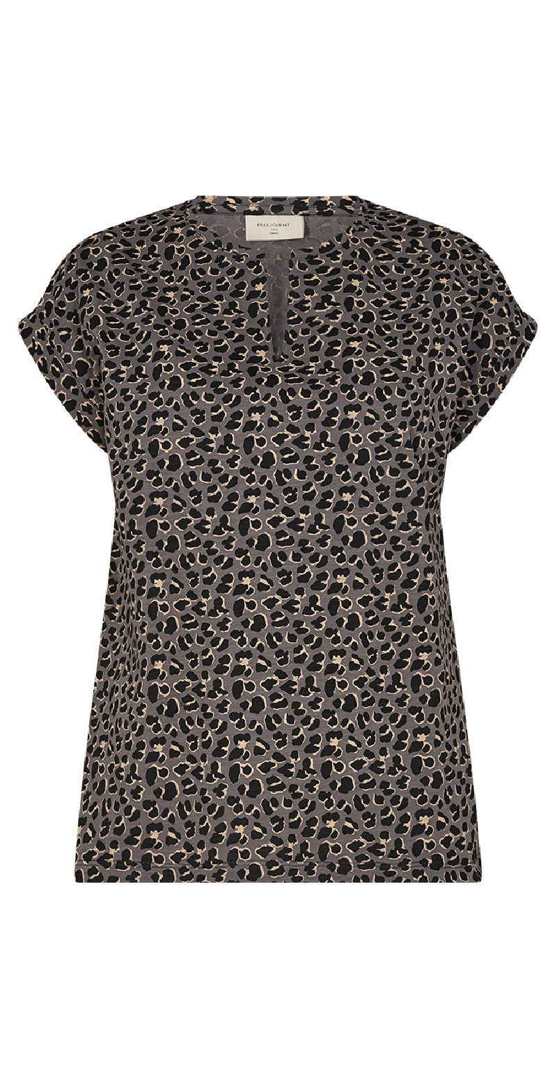 Kortærmet bluse med leopardprint sort mix